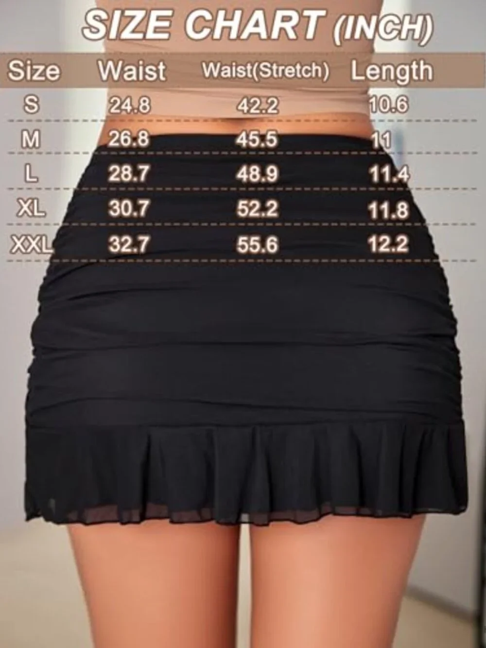 Women's Layered Mesh Mini Skirt High Waist Bodycon Ruffled Hem Adjustable Strap